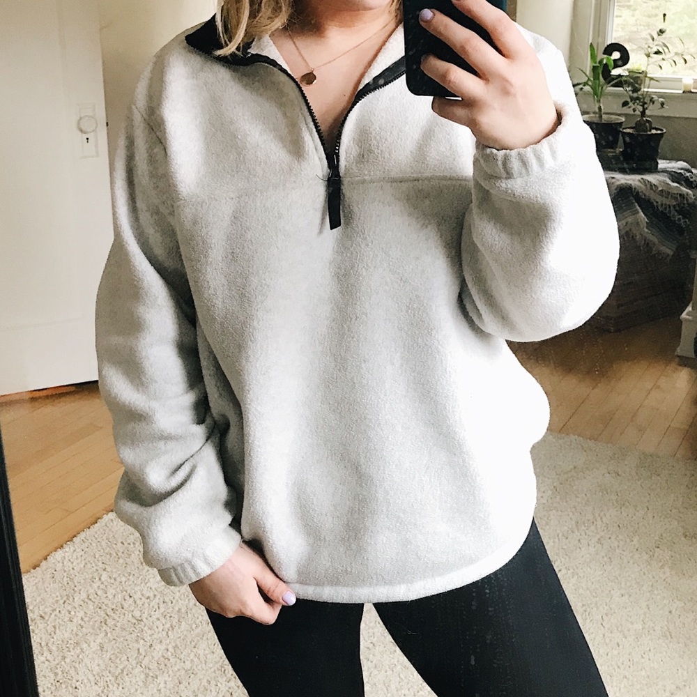 fuzzy white quarterzip